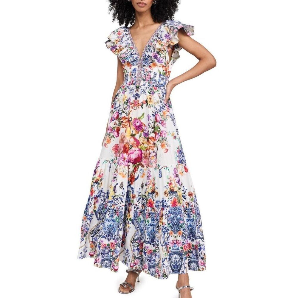 CAMILLA "Dutch Is Life" Tiered Frill V-Neck Open Back Maxi Cotton Dress, L $899 - Picture 2 of 16
